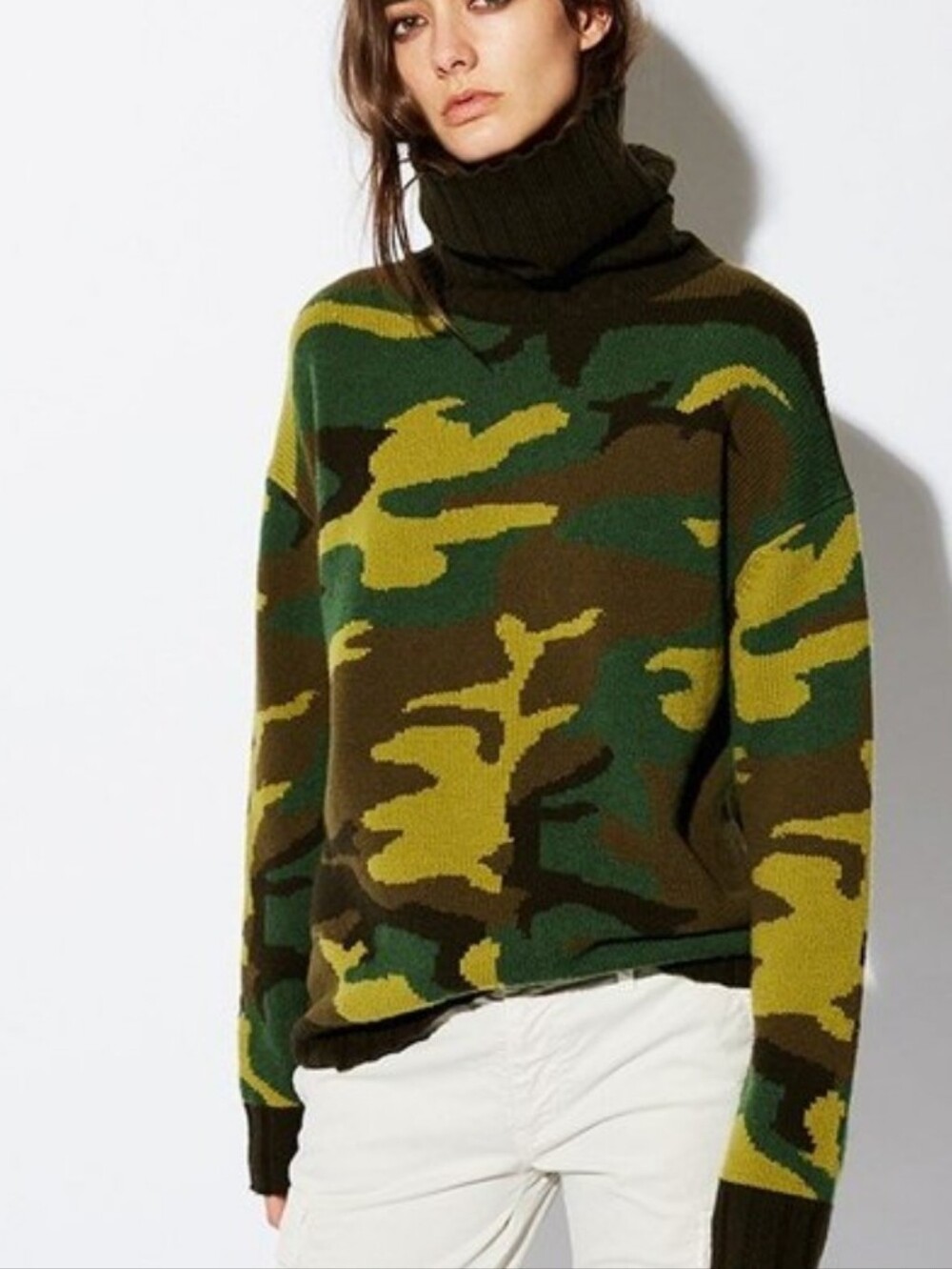 Neli Lotan Camo Knit Turtleneck Sweater in Olive Green